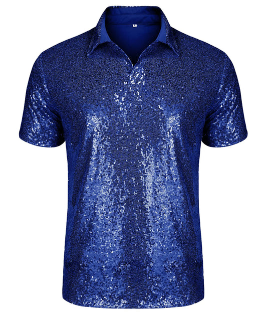 URRU Mens Relaxed Short Sleeve Turndown Sparkle Sequins Polo Shirts 70s Disco Nightclub Party T-Shirts Tops Blue XL