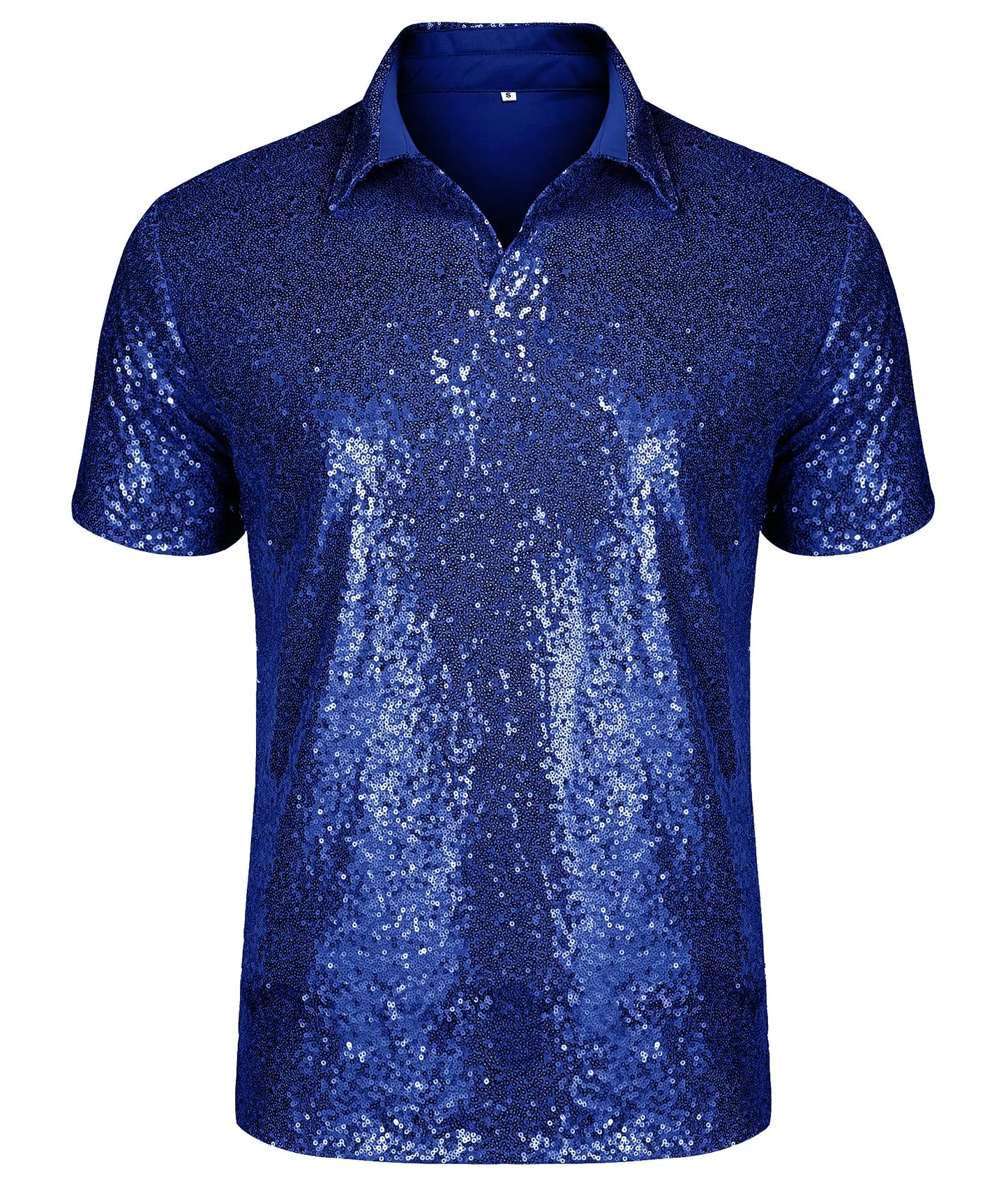URRU Mens Relaxed Short Sleeve Turndown Sparkle Sequins Polo Shirts 70s Disco Nightclub Party T-Shirts Tops Blue XL