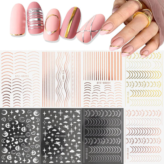 French Line Nail Art Stickers Decals 8 Sheets 3D Self-Adhesive Metal Curve Stripe Lines Design Nail Decorations Half Moon Wave Line Metallic Chains Line and Star for Women Acrylic Nail Supply
