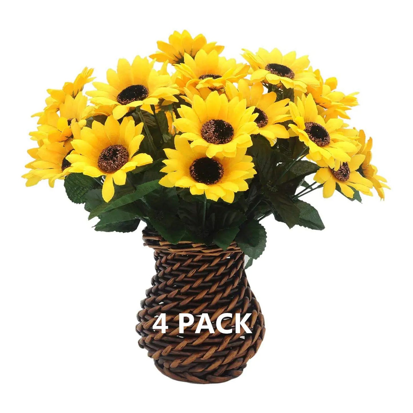 PASYOU Artificial Sunflower Plastic Fake Flowers Small Sunflowers for Indoor Outdoor Wedding Bridal Bouquet Home Garden Party DIY Wreath Table Arrangement Decoration Pot Planter Filler 4 Pack