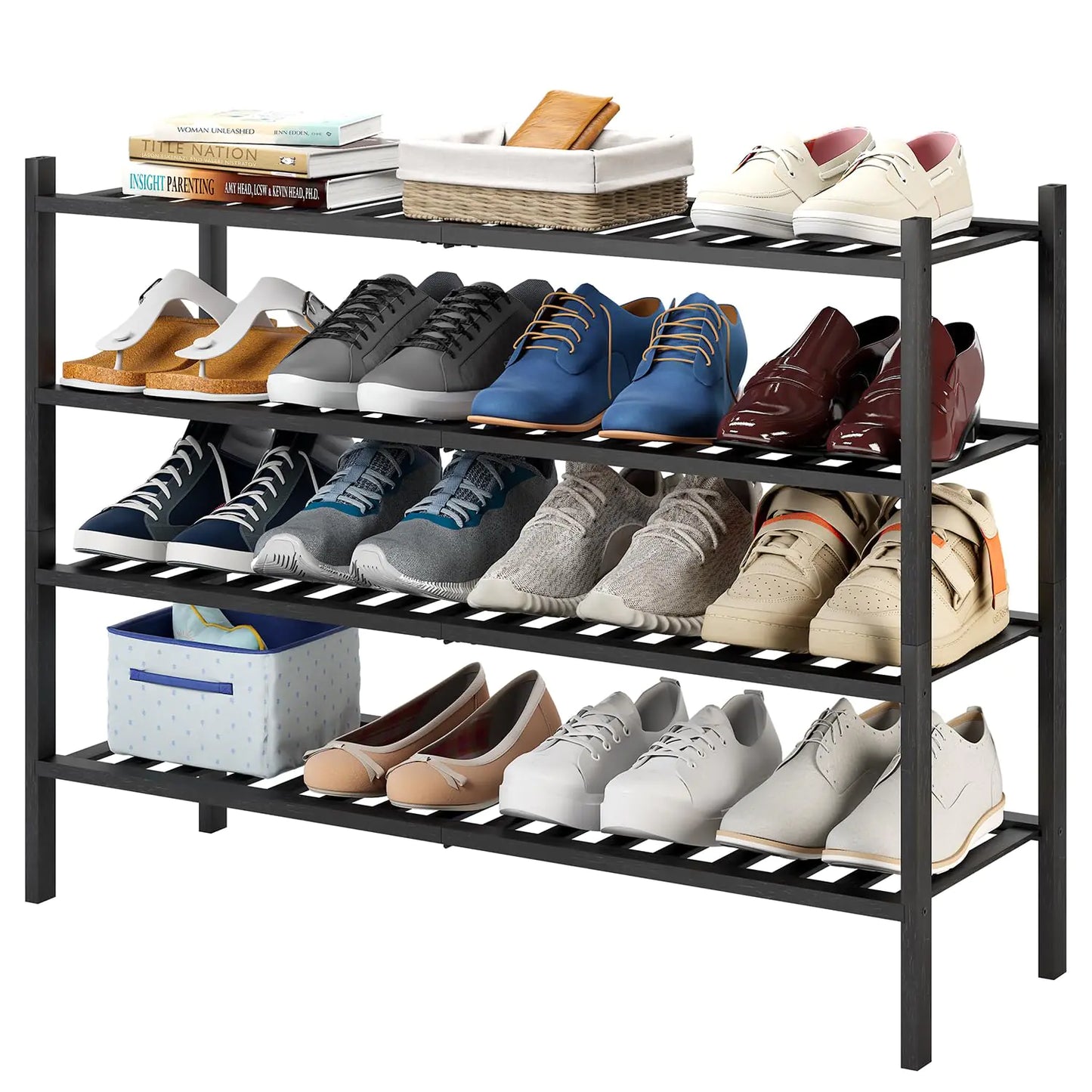 Furshus Long Shoe Rack 4-Tier Bamboo Stackable Shoe Shelf Storage Organizer Shoe Stand for Closet Entryway and Hallway(Black)