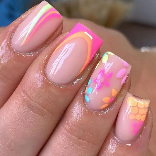 French Tip Press on Nails Square Almond Nail Tips Curve Full Cover Short False Nails Rhinestones Flower Designs with Nail File Adhesive Tabs (Flower Square)