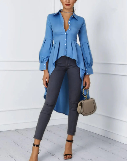 Solid Color Lantern Sleeve Tail Dress & Button Shirt Dress