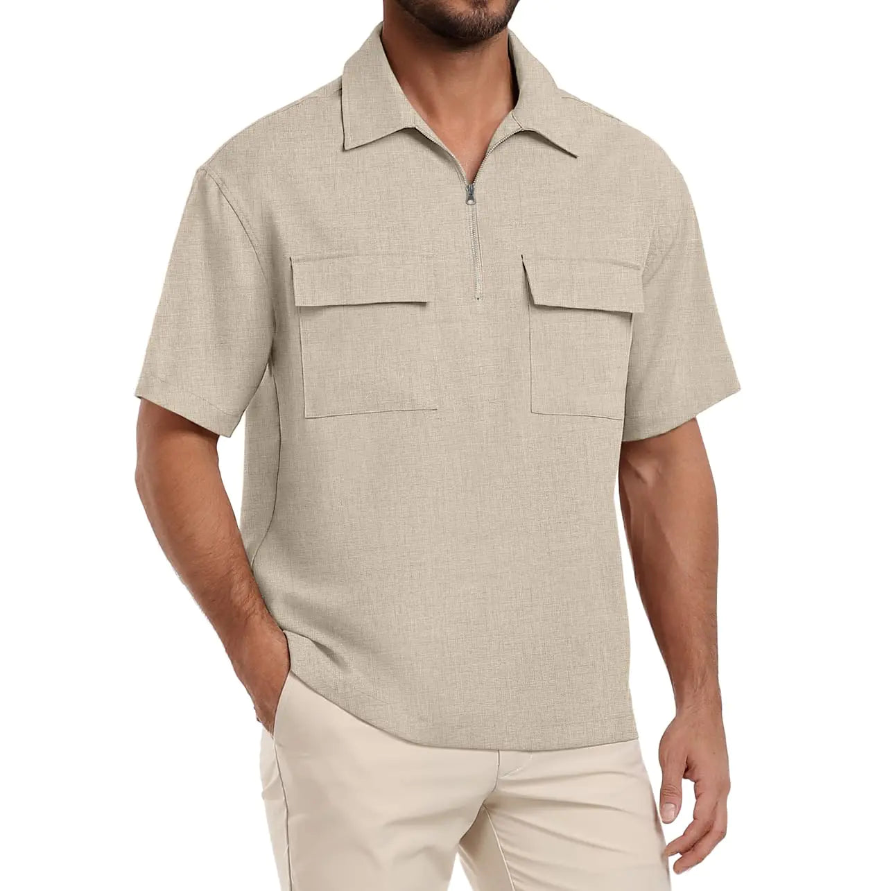 Lepunuo Mens Zipper Polo Shirts Linen Casual Shirts Short Sleeve Loose Golf Shirts Soft Pullover Khaki
