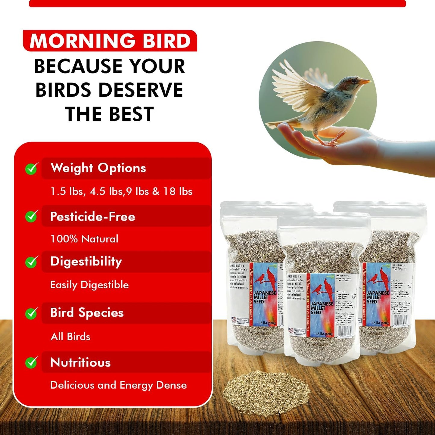Japanese Millet Seed - Healthy & Nutritious Pet Bird Food to Support Health - Rich in Vitamins and Supplements – Ideal Bird Feed for All Seed Eating Birds 4.5 Lbs (3-Pack, 1.5 Lbs Each)