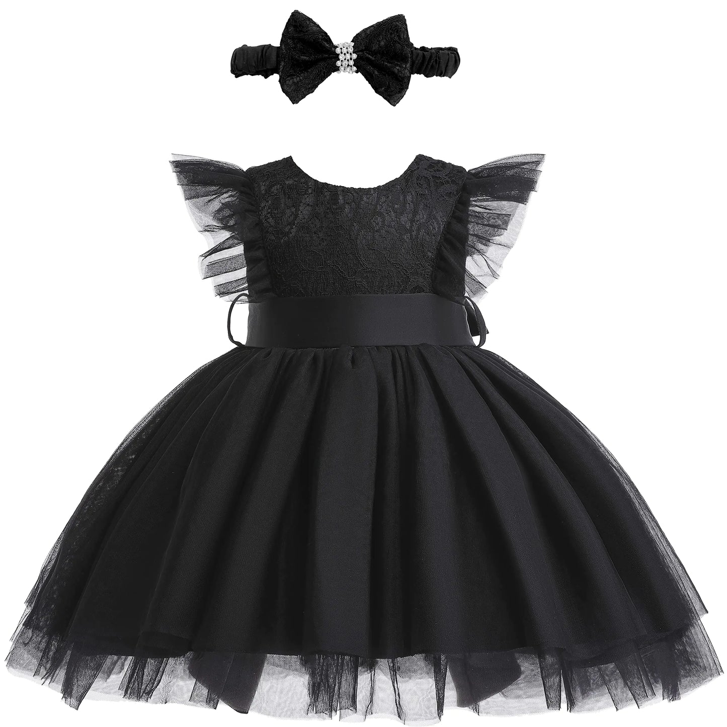 Weileenice Black Flower Baby Girl Tulle Dress 6M/ 6-12 Flutter Sleeve Sheer Back Newborn Girls 1st Birthday Party Wedding Outfit Lace Bow Headband Toddler Photo Shoot Formal Tutu Dresses Christmas