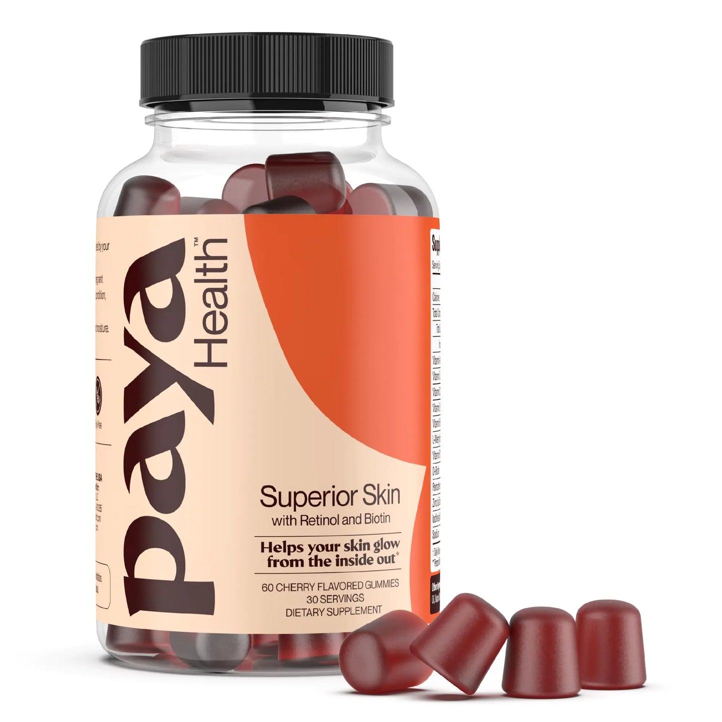 Paya Health Skin Retinol and Biotin Gummies for Clear Smooth Skin Healthy Hair & Nails | Supplement with Zinc Vitamins A E and C | Non-GMO Gluten-Free Cherry Flavor 60 Count