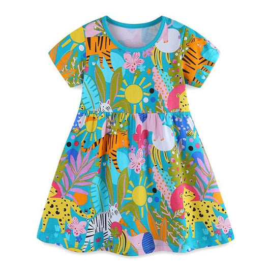 warmstraw Cartoon Summer Dress Sleeveless Skater Dress for School Party A-Line Causal Dresses for Little Girls Forest Animal 5-6 Years