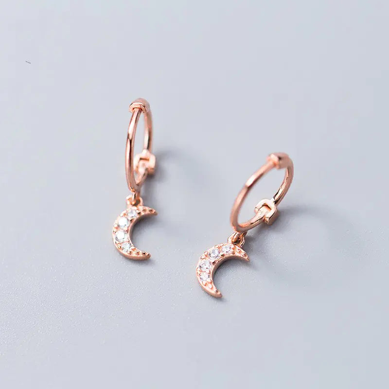 S925 Silver Moon Curve Earrings with Diamond Accents