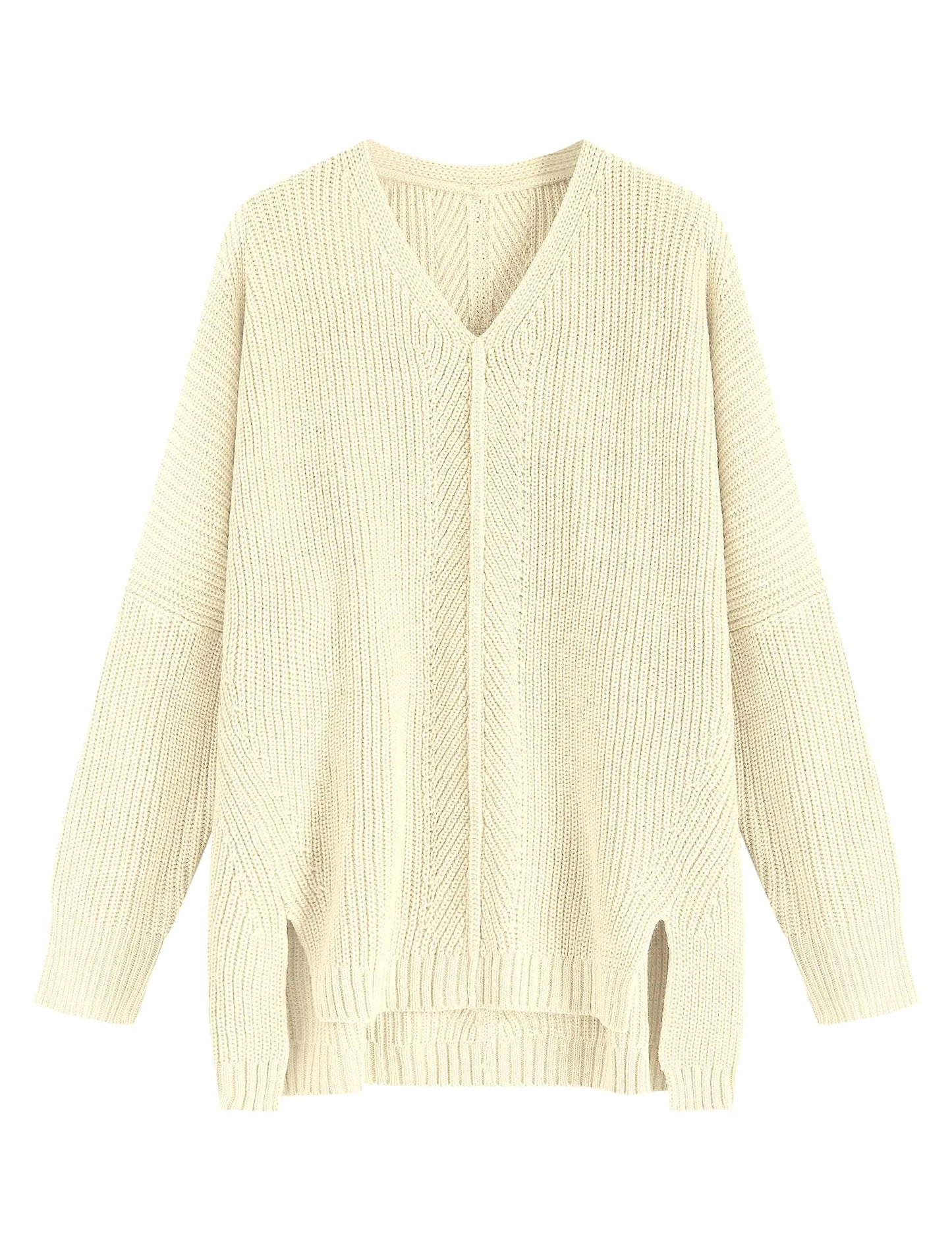 ZAFUL Fall Sweaters for Women 2024 Pullover Sweaters V Neck Long Sleeve Oversized Knit Batwing Drop Shoulder Split Tops Trendy Winter Clothing Beige S
