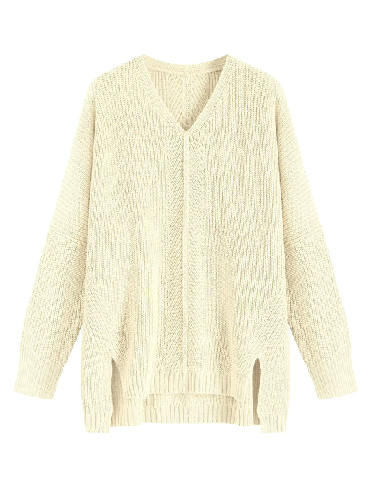 ZAFUL Fall Sweaters for Women 2024 Pullover Sweaters V Neck Long Sleeve Oversized Knit Batwing Drop Shoulder Split Tops Trendy Winter Clothing Beige S