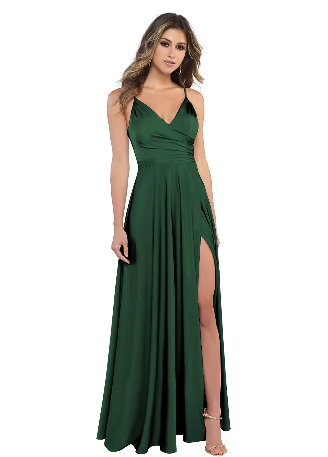 LIKESEEDD Emerald Green Satin Bridesmaid Dresses for Wedding Spaghetti Strap Corset Prom Formal Dress Size 6