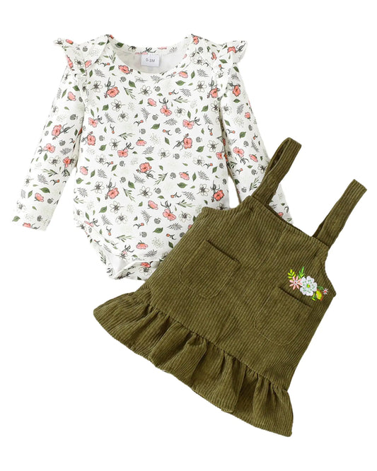 Mioglrie Baby Girl Dresses Baby Girl Clothes 6-9 Months Long Sleeves Romper Floral Green 6-12 Months Infant Girl Outfit Suspender Skirt