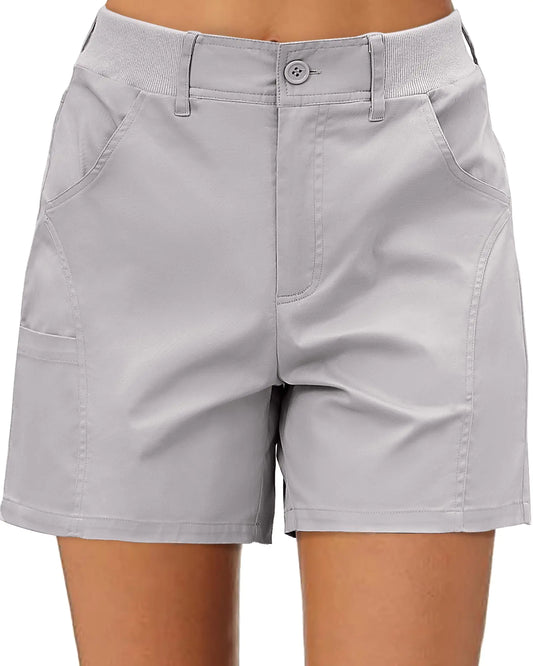luvamia Shorts for Women Trendy Casual Summer High Waisted Chino Shorts Ribbed Elastic Waist Comfy Shorts With Pockets Short Shorts for Women Grey Womens Shorts Light Gray Size X-Large Size 16 Size 18