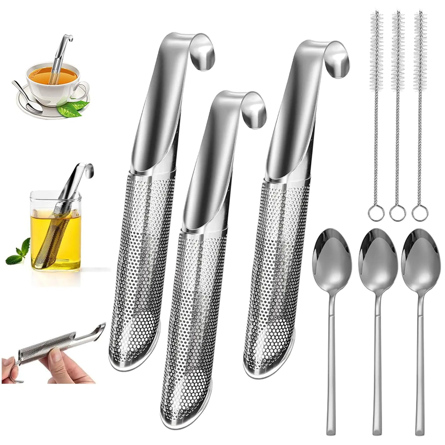 Stainless Steel Tea Diffuser Stainless Steel Tea Strainers for Loose Tea with Hanging Hook Handle,Food Grade Stick Tube Tea Strainer for Loose Tea Coffee Seasonings Spices (3PCS)