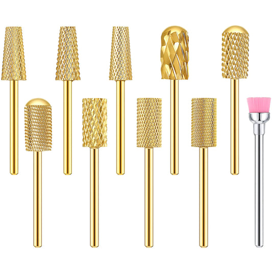 10 Pcs Nail Drill Bits Set Tungsten Carbide Nail Bits for Nail Drill Remove Acrylic Nail Gel Nail Polish 3/32 Inch Bits Manicure Pedicure Tools for Salon Home Nail Supplies(Gold)