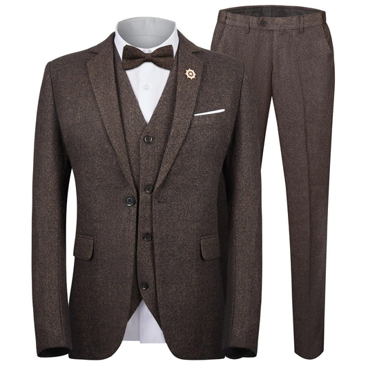 MAGE MALE Men’s 3 Piece Suit One Button Notch Lapel Thicken Slim Fit Suit with Brooch Coffee