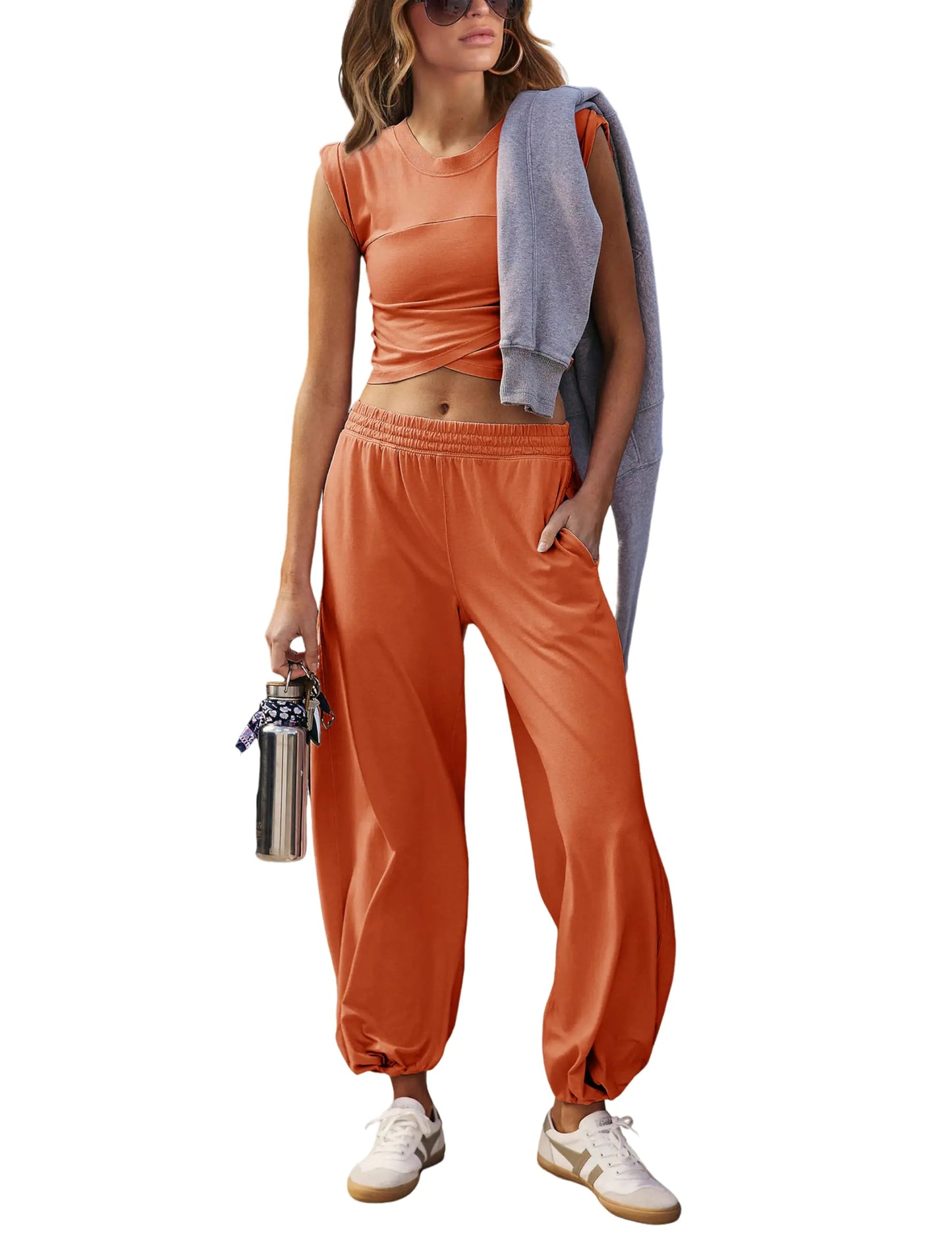 Springrain Womens Two Pieces Outfits Casual Lounge Sets Cropped Tops Sweatpants Tracksuit with Pockets(Rust-Medium)