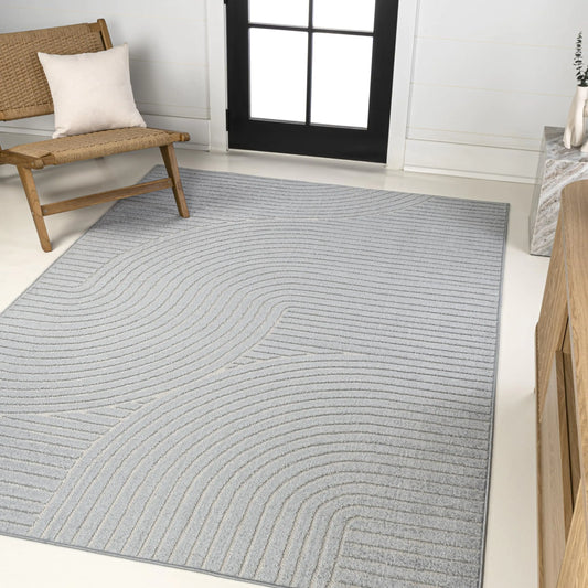 JONATHAN Y SCN100E-4 Hallie High-Low Minimalist Curve Geometric Light Blue/Cream 4 ft. x 6 ft. Indoor/Outdoor Area Rug for Patio Backyard Living Room Bedroom Office Hose-Washable