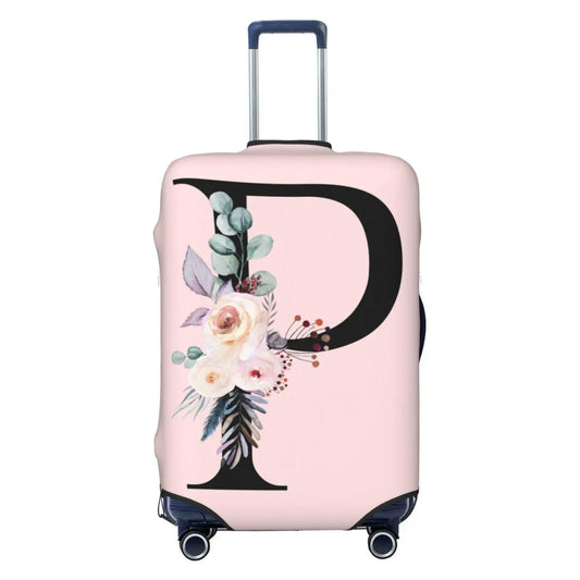 Elastic Travel Luggage Cover Cute Pink Suitcase Protector BagBlack Letter P With Boho Floral Flowers Leaves Anti-ScratchDust-Proof Washable Baggage Covers For Kid AdultM (For 22-24 Inch Luggage)