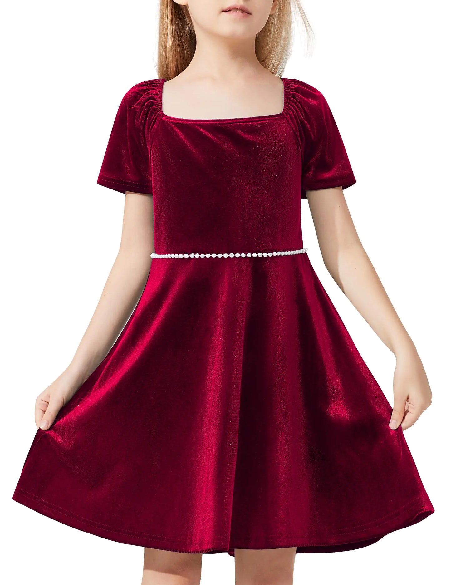 UOTORI Toddler Girl Fall Velvet Dress Square Neck Peal Swing Twirl Party Short Sleeve Dresses Winter Outfit for Girl Red 6-7Y