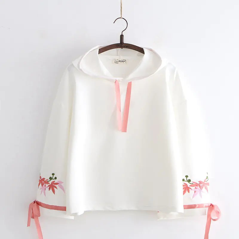Floral Embroidery Hooded Tracksuit with Flare Sleeves