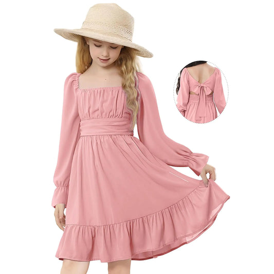 Zando Pink Girls Long Sleeve Dresses for Girls Dresses for Weddings Casual Girls Fall Dress Square Neck Off Shoulder Dresses 10-11 Years L