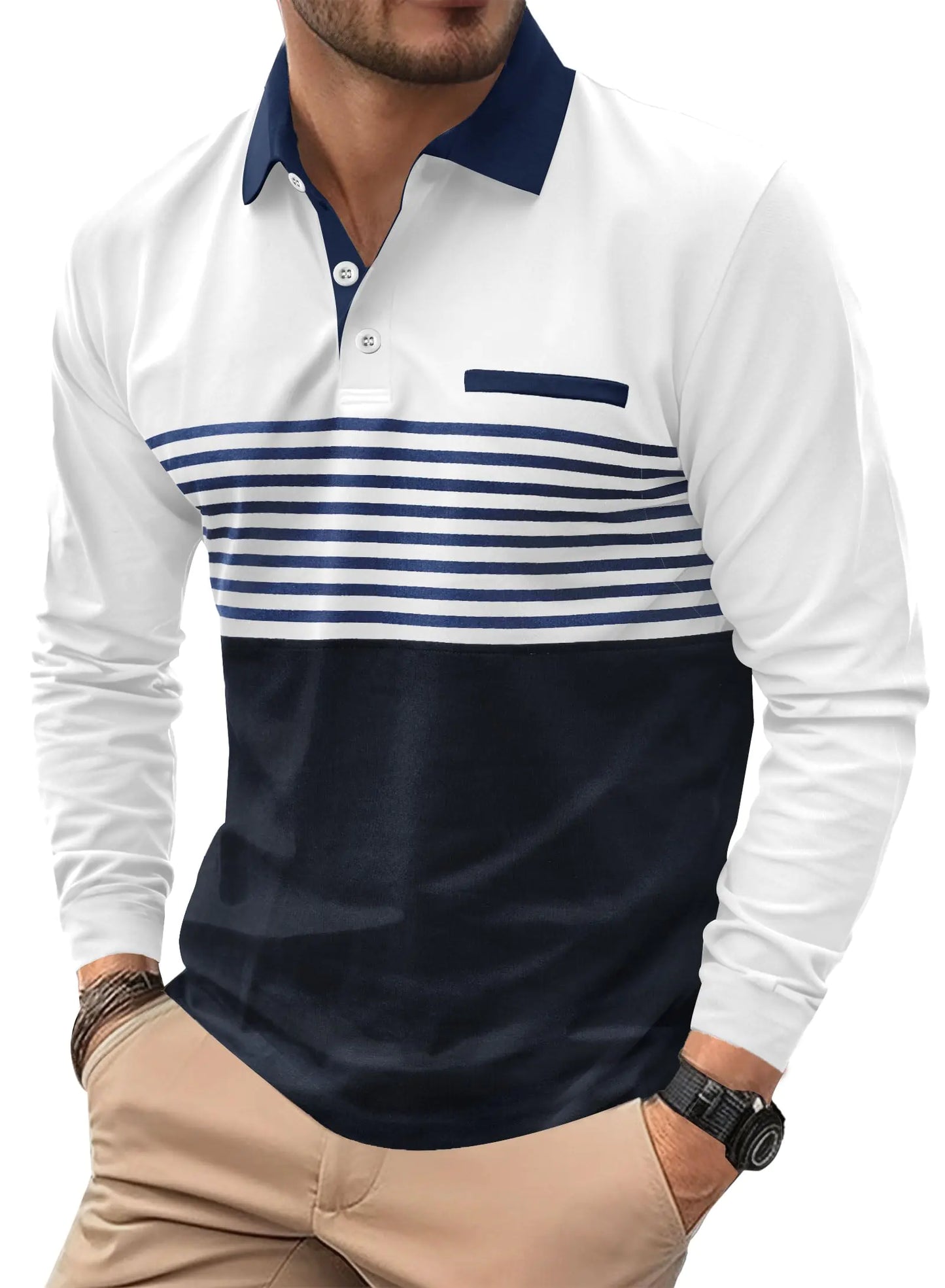 VOGSTART Mens Rugby Polo Shirts Collar Pullover Work Fashion Long Sleeve Cotton Casual Poloshirt White XXL