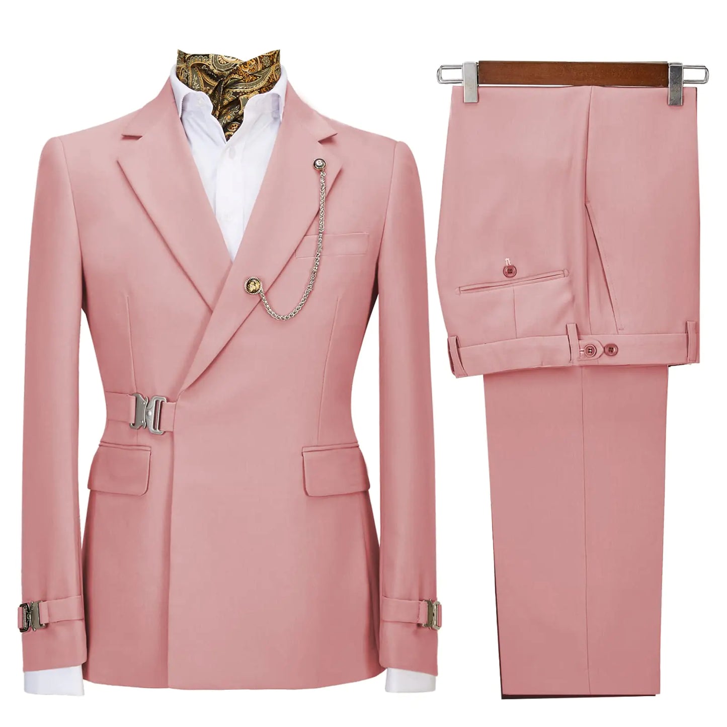 Mens 2 Piece Suit with Metal Clasp Slim Fit Suit Stylish Business Tuxedo Suit Set-46Pink
