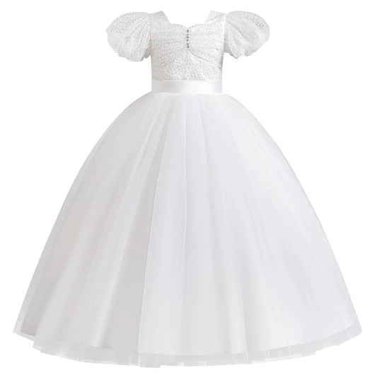 Flower Girls Tulle Dress: Formal Ball Gown Tulle Tutu Dresses Wedding Bridesmaid Princess Evening Party Pageant Fairy Dance Stage Perfermance Photoshoot Dress with Bow White 6-7 Years