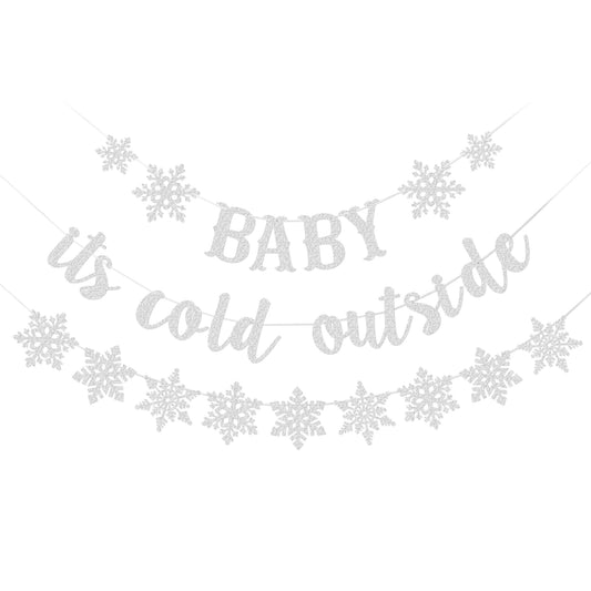Silver Baby Its Cold Outside Banner and Snowflake Banner Garland Baby Its Cold Outside Baby Shower Banner Winter Wonderland Baby Shower Banner for Winter Wonderland Baby Shower Party Decorations