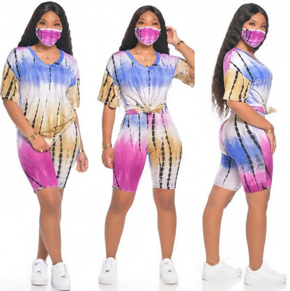 Tie-Dye V-Neck Casual Sportswear Set with Mask