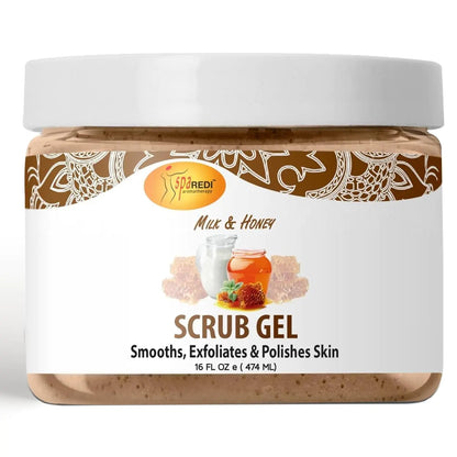 SPA REDI – Exfoliating Scrub Pumice Gel Milk and Honey 16 Oz - Manicure Pedicure and Body Exfoliator Infused with Hyaluronic Acid Amino Acids Panthenol and Comfrey Extract