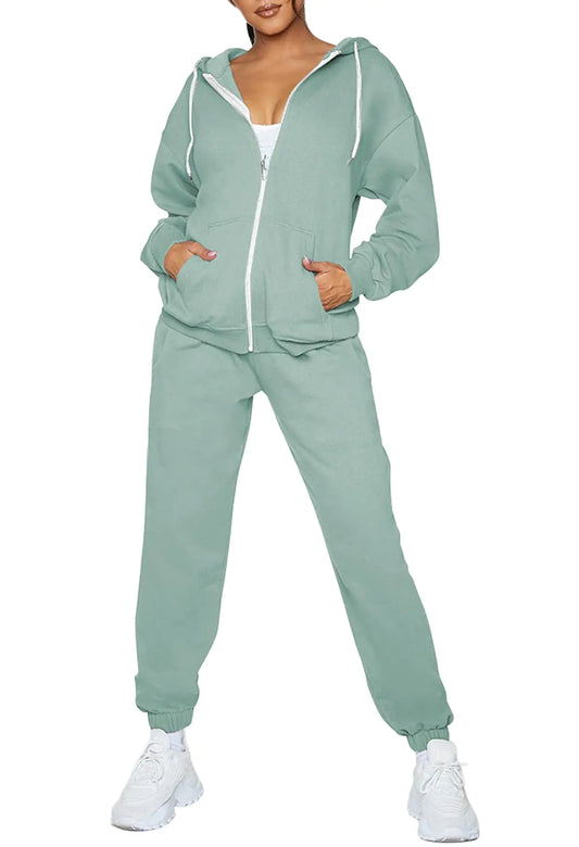 Fixmatti Women 2 Piece Sweatsuit Outfits Zipper Up Hooded Sweatshirt Jogger Set Tracksuit Pockets Green L
