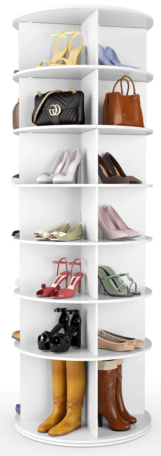 Nidouillet 7 Tier Rotating Shoe Rack Tower 67" H with 8 Pcs Shoe Display Stands Free Standing 360° Revolving Shoe Organizer Spinning Shoe Display Lazy Susan Shoe Rack Storage Round Carousel (White)