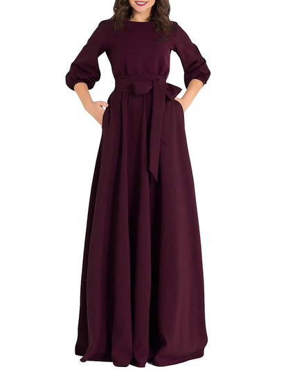 AOOKSMERY Women Elegance Audrey Hepburn Style Round Neck 3/4 Puff Sleeve Swing Maxi Dress Long Belt Dresses with Pockets (Wine Medium)