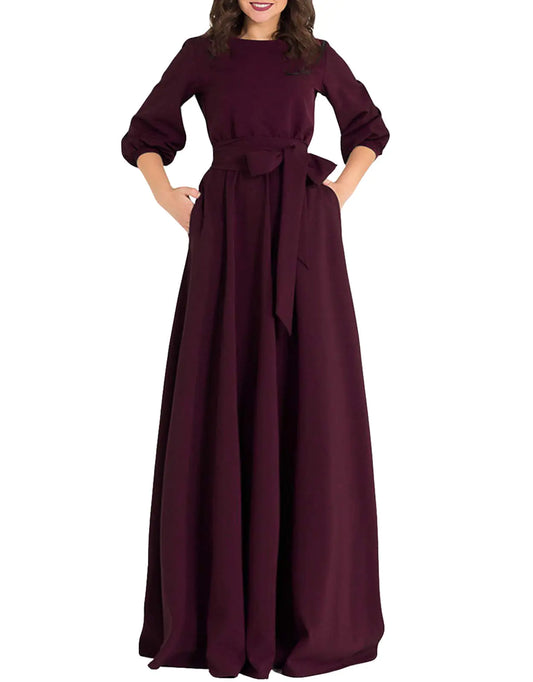 AOOKSMERY Women Elegance Audrey Hepburn Style Round Neck 3/4 Puff Sleeve Swing Maxi Dress Long Belt Dresses with Pockets (Wine Medium)