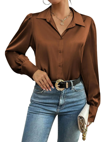Zeagoo Silk Shirts for Women Casual Loose Long Sleeve Button Down Blouse 2024 Fall Clothes XXL Brown