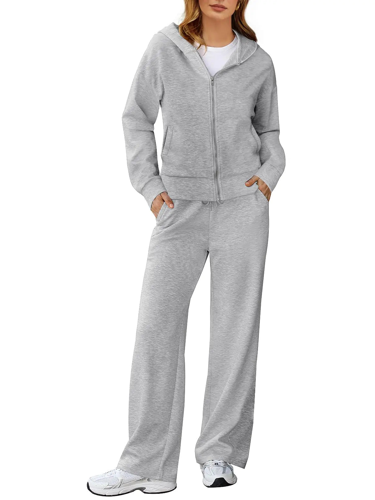 MEROKEETY Womens 2 Piece Outfit Hoodie Sweatsuit Sets Fall Zip up Lounge Sweatpants Tracksuit HeatherGrey X-Large