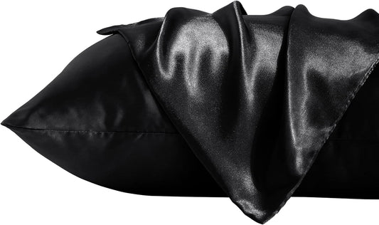 2 Pack Queen Silk Satin Pillowcases for Hair and Skin, Silky Soft and Luxurious Bedding Pillow Cases with Envelope Closure, 20X30 Inches, Black