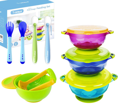 MICHEF Baby Bowls Baby Feeding Bowls Set with 2 Hot Safe Baby Fork and Spoon 2 Soft-Tip Silicone Baby Spoons Mash and Serve Bowl - Baby Shower Set of 3 Suction Baby Bowls for Toddler with Lids
