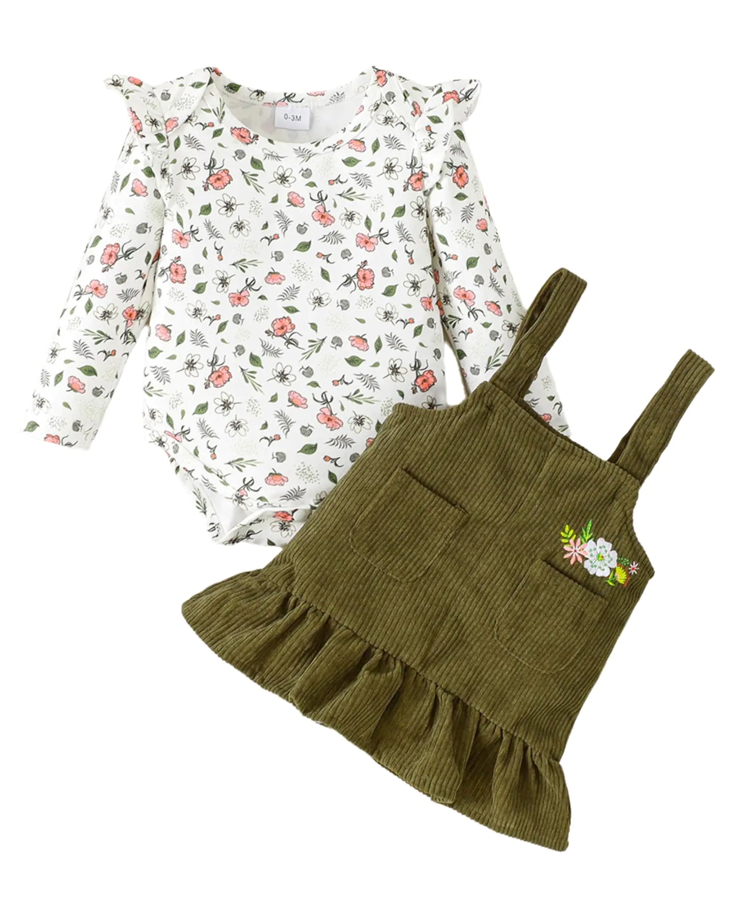 Mioglrie Baby Girl Dresses Baby Girl Clothes 6-9 Months Long Sleeves Romper Floral Green 6-12 Months Infant Girl Outfit Suspender Skirt