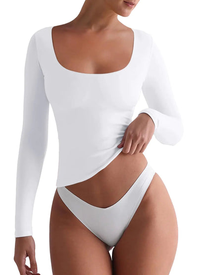 REORIA Square Neck Long Sleeve Shirts for Women Casual Basic Tops Slim Fit T Shirts Fall Outfits White X-Large