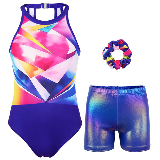 JOYSTREAM Gymnastics Leotards for Girls With Shorts Sparkly Ballet Dance Clasp Back Activewear Colorful Geometry6-7Years