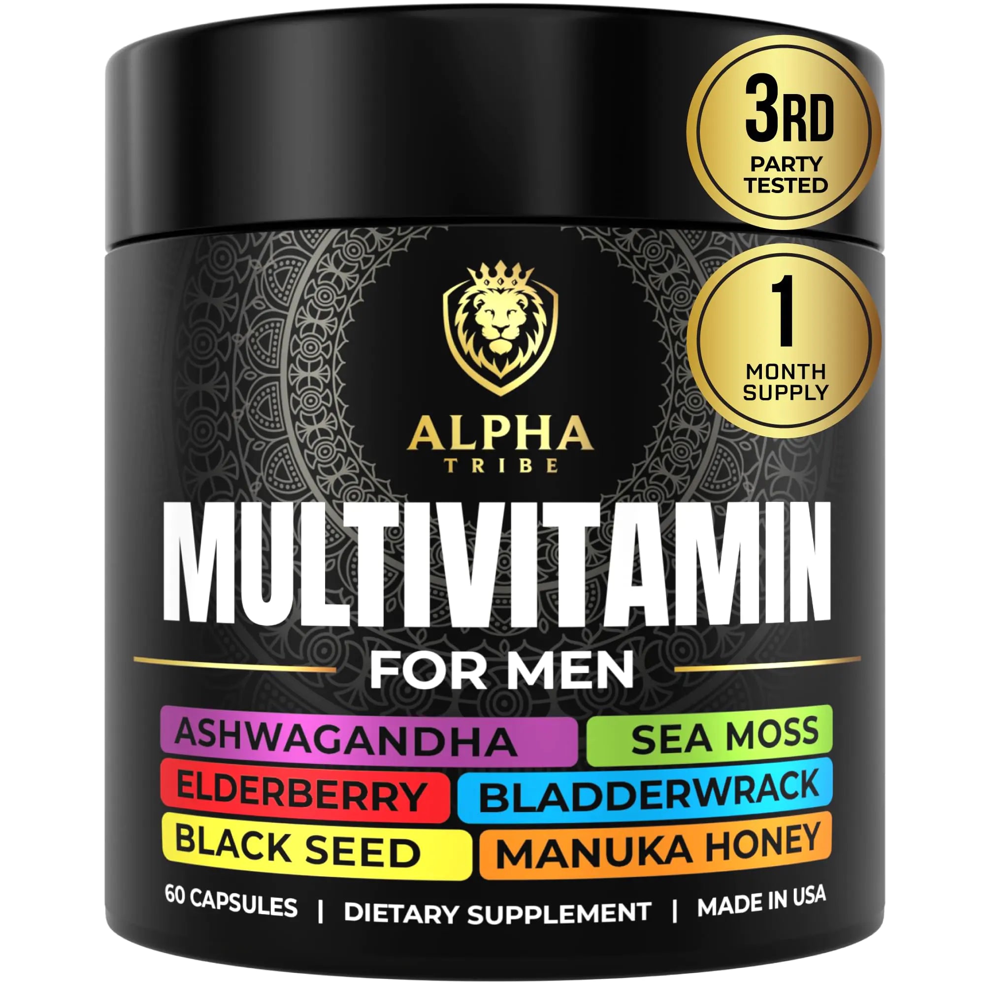 Alpha Tribe Multivitamin for Men with Seamoss Black Seed Oil Ashwagandha Burdock Root Turmeric Bladderwrack Vitamin C Elderberry Manuka Yellow Dock | Daily Mens Vitamins and Minerals Supplement