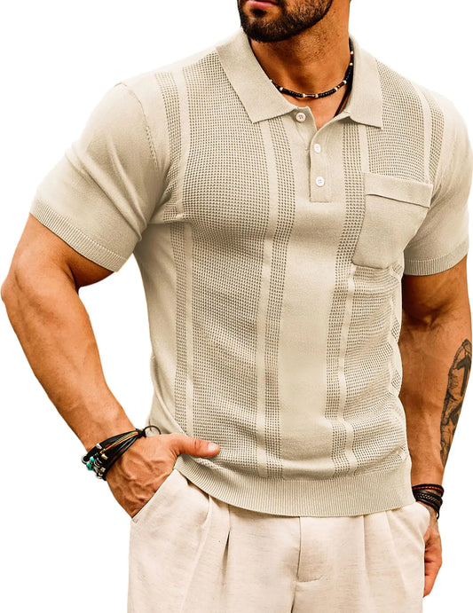 GRACE KARIN Mens Knit Polo Shirts Short Sleeve Breathable Lightweight Knit Lapel Collar Button Down Polo Shirt Apricot L