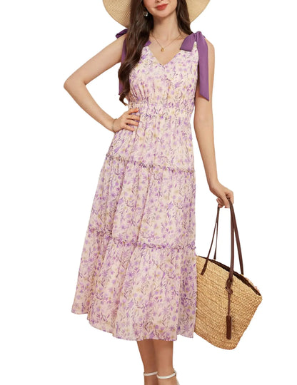 A Line Floral Long Dresses for Women Flowy Summer V Neck Sun Dresses Casual Sleeveless Bow Swing Vacation Dresses Purple M