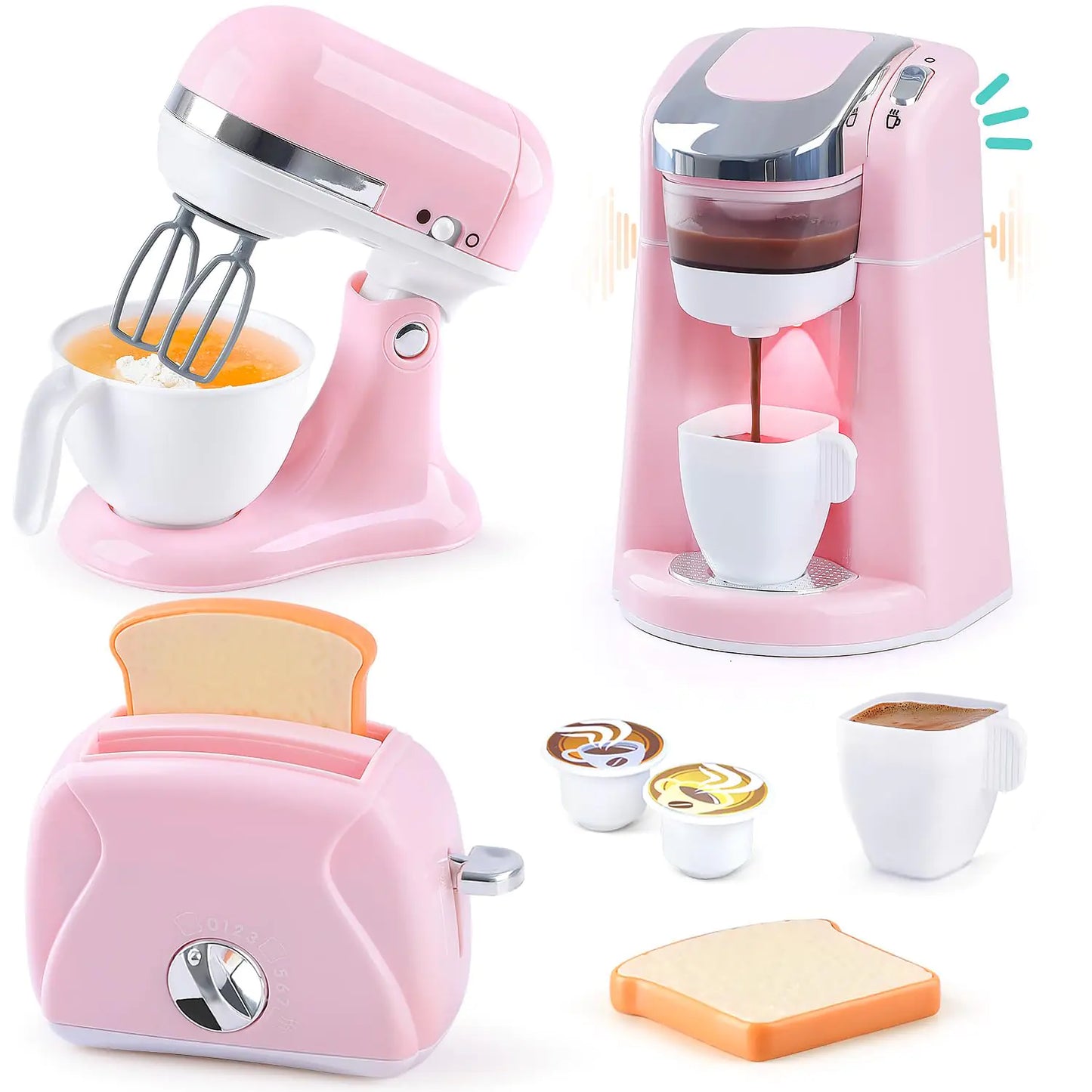 Play Kitchen Appliances Toys - Kids Kitchen Playset Accessories Pretend Play Toy Sets with Coffee Maker Mixer Toaster with Realistic Lights & Sounds Gifts for Toddler Girls Ages 2 3 4 5 6 7