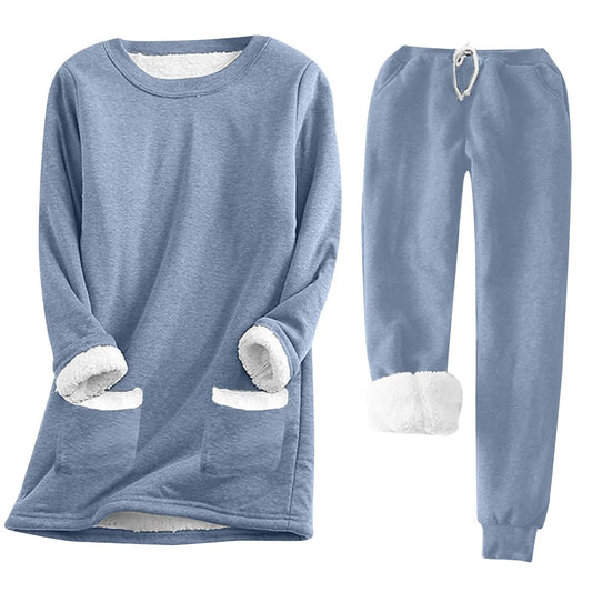 Womens Warm Sherpa Lined Fleece Tracksuit Crewneck Sport Sweatshirt Sweatpant Sweatsuit Sets Pullover Loungewear(Blue#02M)
