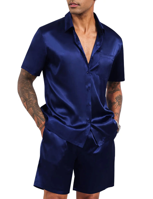 LecGee Mens 2 Piece Satin Tracksuit Short Sleeve Button Down Shirts Silk Party Club Pajama Set(BlueS)